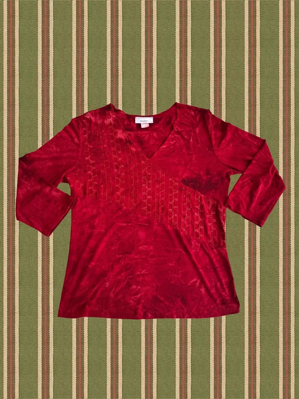 Dressbarn Crimson V-Neck Embroidered Long Sleeve Top